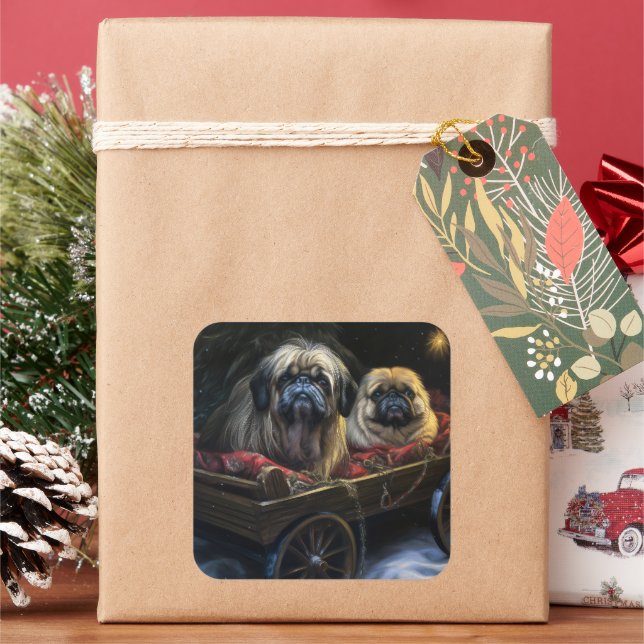Pekingese Snowy Sleigh Christmas Decor  Square Sticker (Holiday)