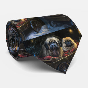 Pekingese Snowy Sleigh Christmas Decor Tie
