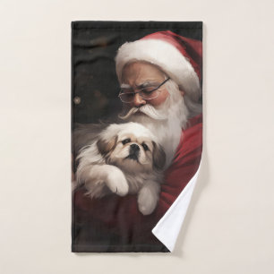 Pekingese With Santa Claus Festive Christmas Bath Towel Set