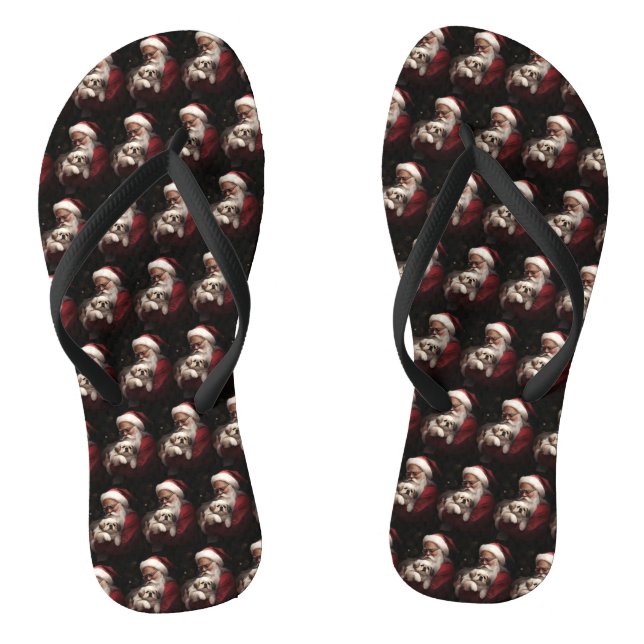 Pekingese With Santa Claus Festive Christmas Flip Flops (Footbed)
