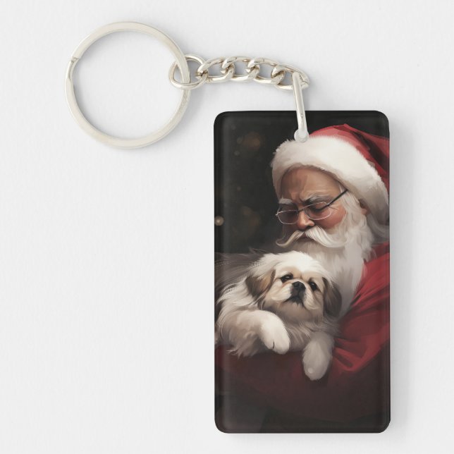 Pekingese With Santa Claus Festive Christmas Key Ring (Front)
