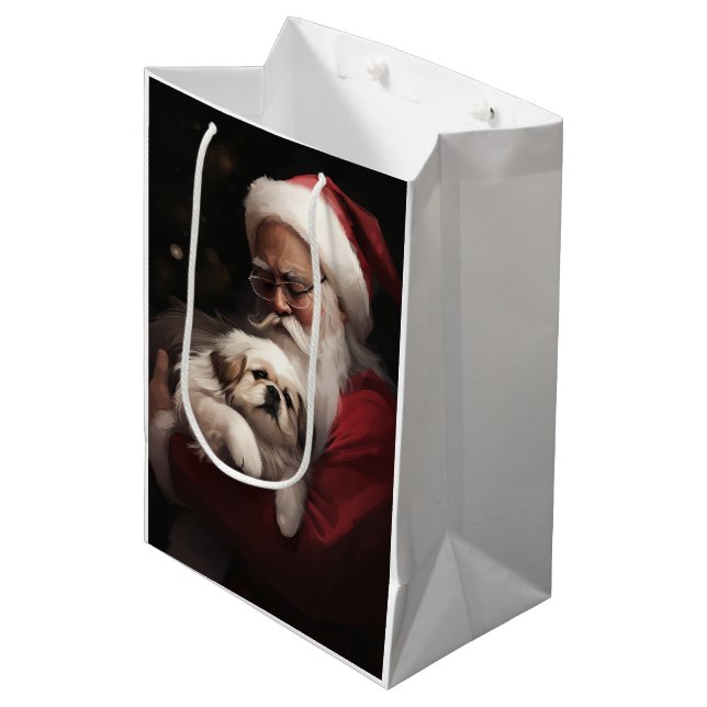 Pekingese With Santa Claus Festive Christmas Medium Gift Bag (Front Angled)