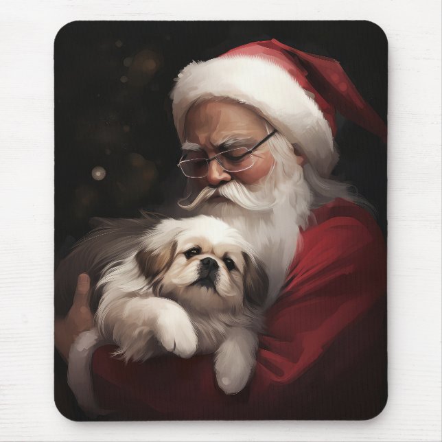 Pekingese With Santa Claus Festive Christmas Mouse Mat (Front)