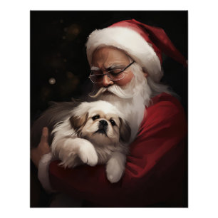 Pekingese With Santa Claus Festive Christmas Poster