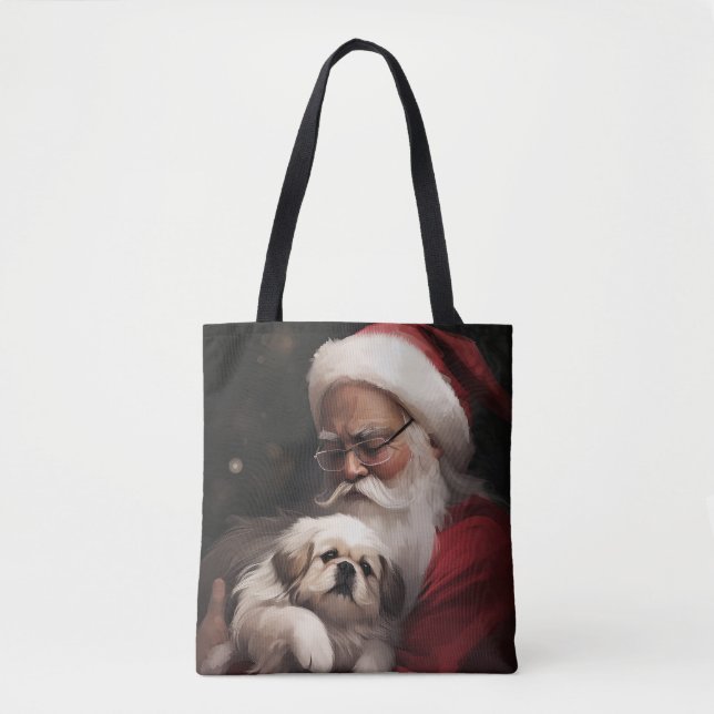 Pekingese With Santa Claus Festive Christmas Tote Bag (Front)