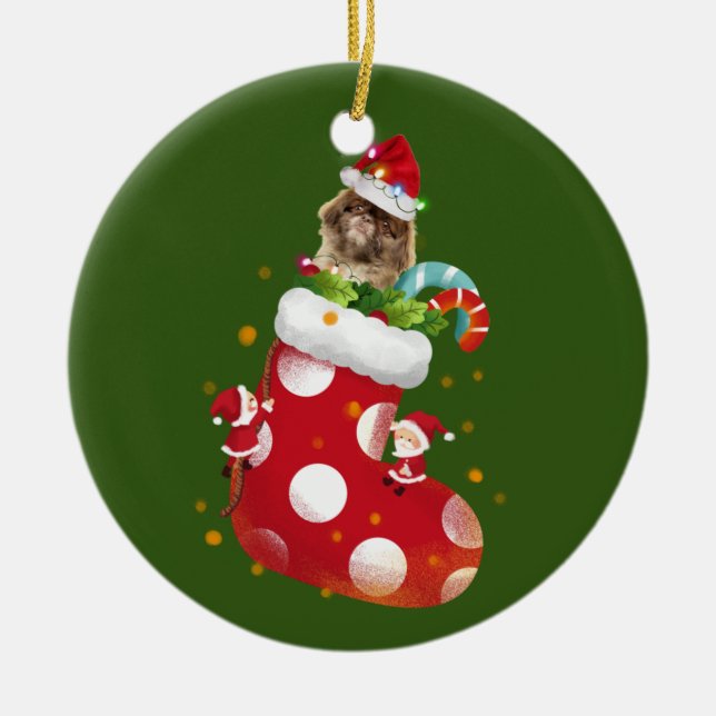 Pekingese With Socking Ceramic Tree Decoration (Front)