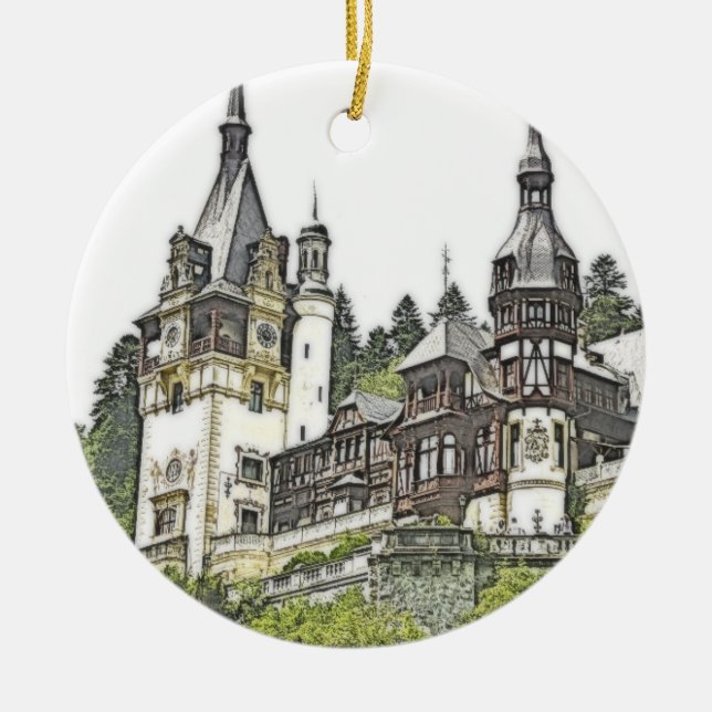 Peles Castle Romania Christmas Holiday Ceramic Tree Decoration (Front)