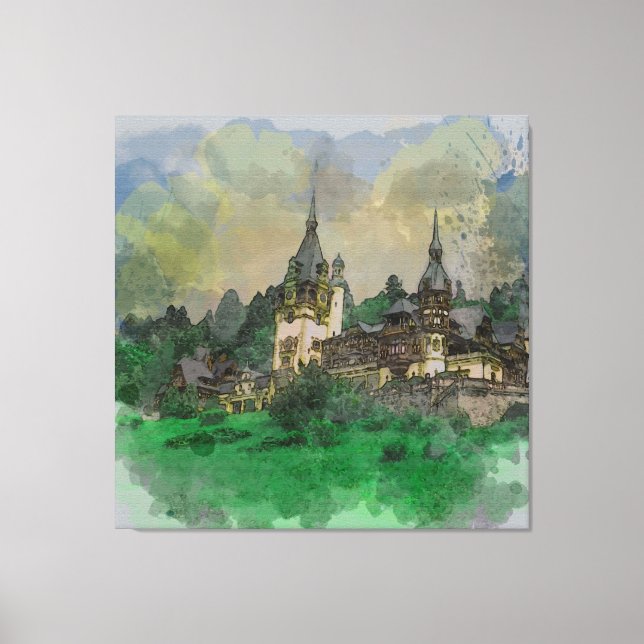 Peles Castle Romania Watercolor Canvas Print (Front)