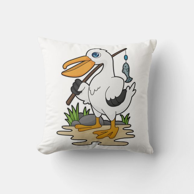 Pelican as Fisher with Fishing rod & Fish Cushion (Front)