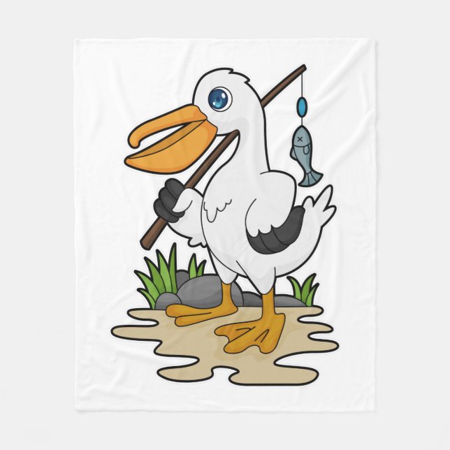 Pelican as Fisher with Fishing rod & Fish Fleece Blanket (Front)