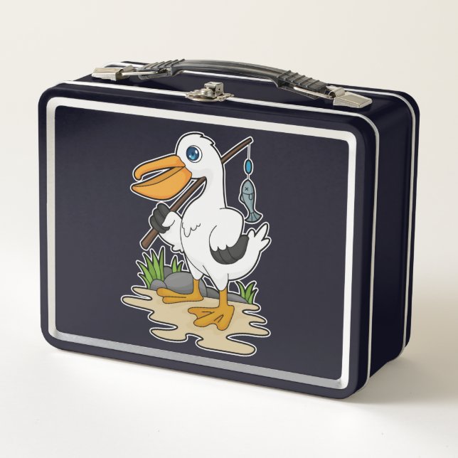 Pelican as Fisher with Fishing rod & Fish Metal Lunch Box (Front)
