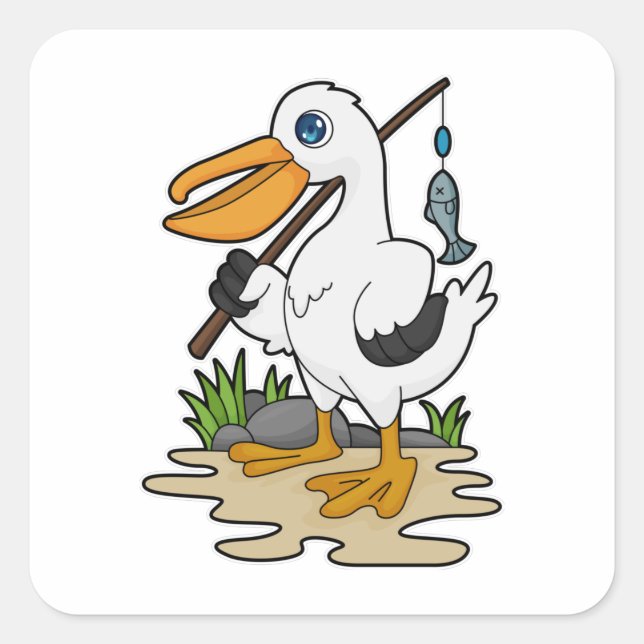 Pelican as Fisher with Fishing rod & Fish Square Sticker (Front)