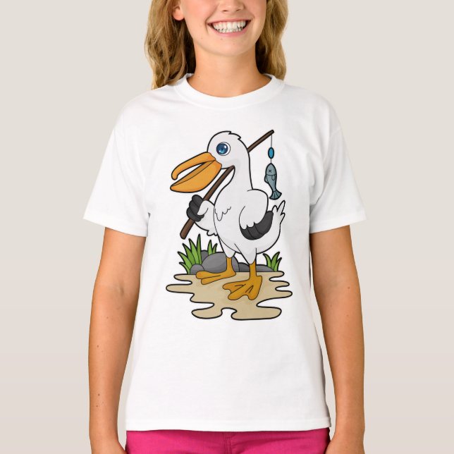 Pelican as Fisher with Fishing rod & Fish T-Shirt (Front)