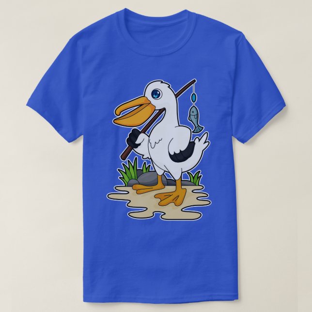 Pelican as Fisher with Fishing rod Fish T-Shirt (Design Front)