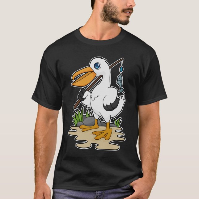 Pelican as Fisher with Fishing rod & Fish T-Shirt (Front)