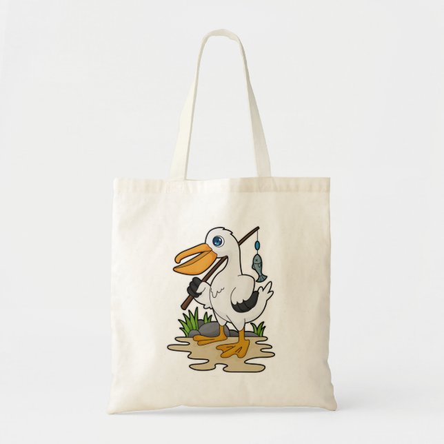 Pelican as Fisher with Fishing rod & Fish Tote Bag (Front)