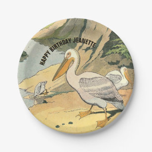 Pelican Beach Illustration Birthday Paper Plate