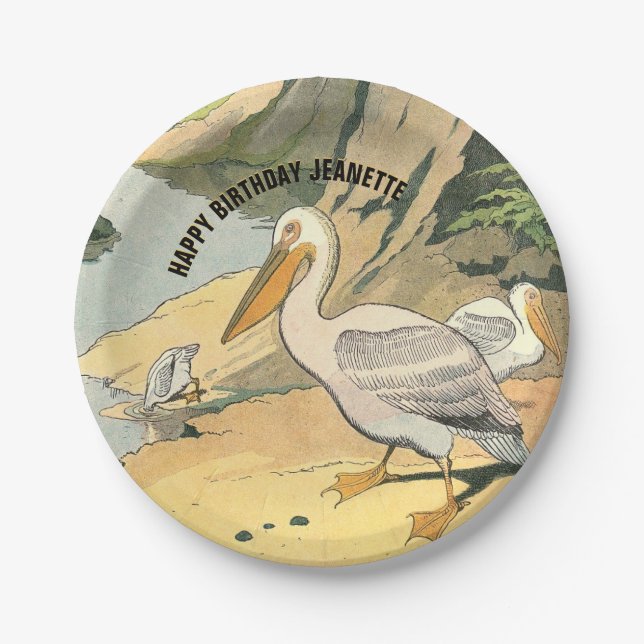 Pelican Beach Illustration Birthday Paper Plate (Front)