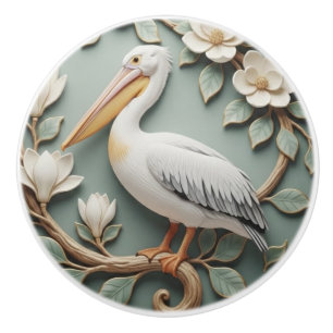 Pelican Bird Art Nouveau Faux Relief Mint Ceramic Knob