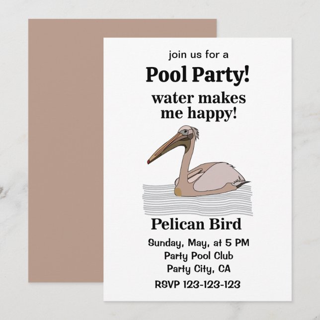 Pelican Bird Beach Pool Party Invitation (Front/Back)
