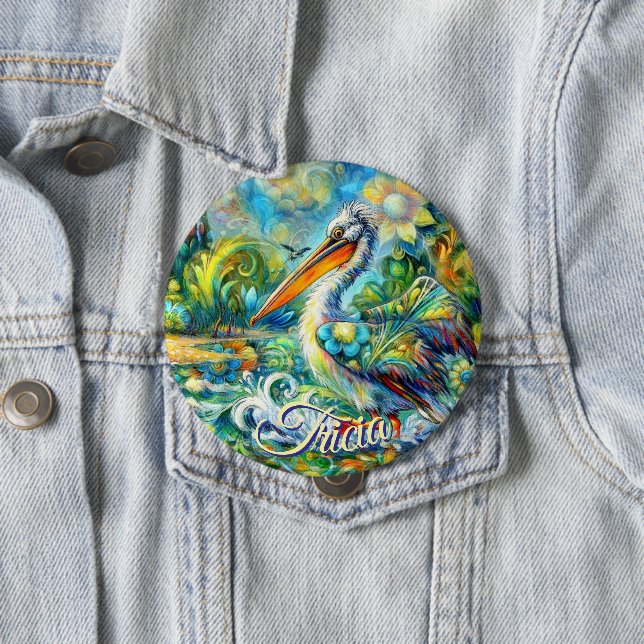 Pelican Bird in Wonderland Floral Personalised 10 Cm Round Badge (In Situ)