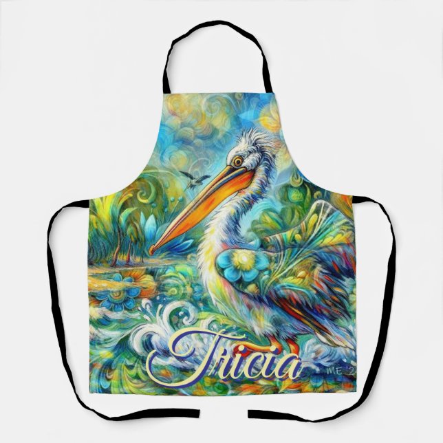 Pelican Bird in Wonderland Floral Personalised Apron (Front)