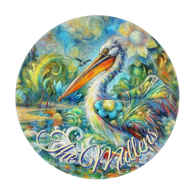Pelican Bird in Wonderland Floral Personalised Cutting Board (Front)