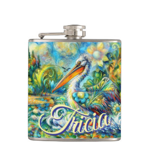 Pelican Bird in Wonderland Floral Personalised Hip Flask