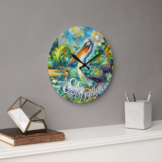 Pelican Bird in Wonderland Floral Personalised Large Clock (Office)