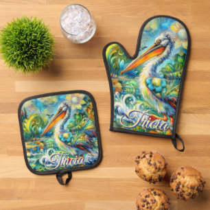 Pelican Bird in Wonderland Floral Personalised Oven Mitt & Pot Holder Set
