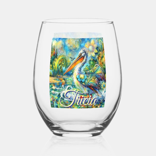 Pelican Bird in Wonderland Floral Personalised Stemless Wine Glass (Front)