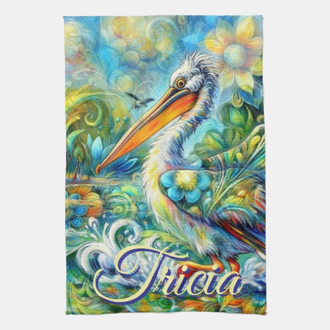 Pelican Bird in Wonderland Floral Personalised Tea Towel (Vertical)