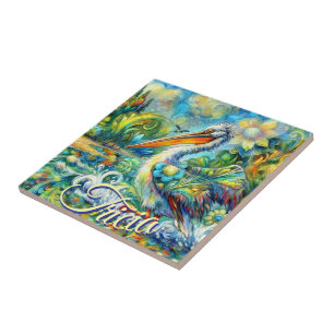 Pelican Bird in Wonderland Floral Personalised Tile