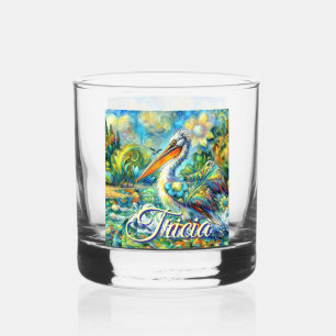 Pelican Bird in Wonderland Floral Personalised Whiskey Glass