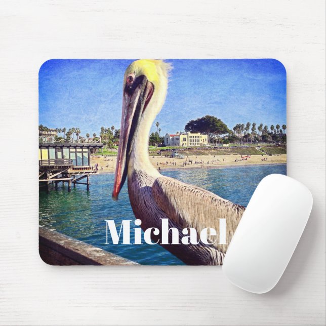 Pelican Bird Ocean Beach Pier Photo Custom Name Mouse Mat (With Mouse)