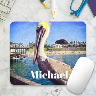 Pelican Bird Ocean Beach Pier Photo Custom Name Mouse Mat
