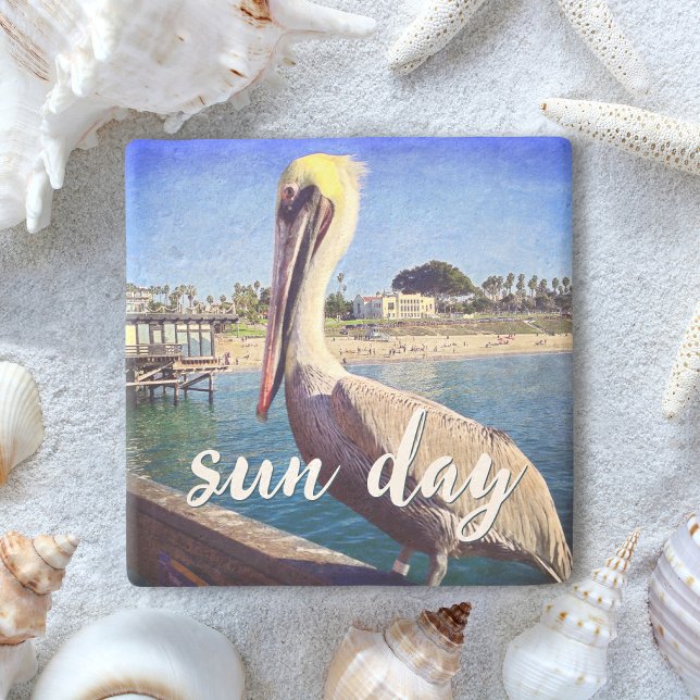 Pelican Bird Ocean Beach Pier Photo Sun Day Quote Stone Coaster (Creator Uploaded)