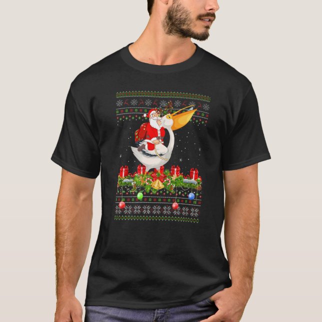 Pelican Bird  Ugly Santa Riding Pelican Christmas T-Shirt (Front)