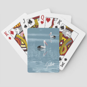 Pelican Couple Paddling Calm Blue Water add Name Playing Cards