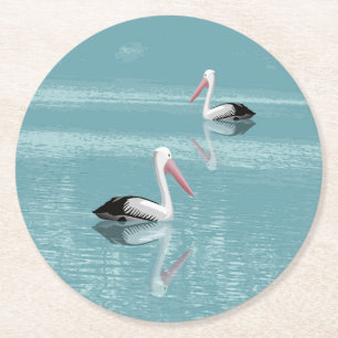 Pelican Couple Paddling on Calm Aqua Water Round Paper Coaster