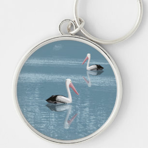 Pelican Couple Paddling on Calm Blue Water Key Ring