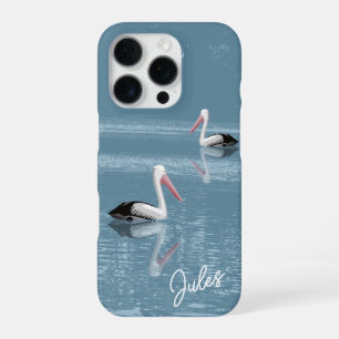 Pelican Couple Paddling on Calm Blue Water Name iPhone 16 Pro Case