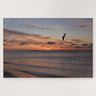 Pelican Flying at Sunrise, Dauphin Island, Alabama Jigsaw Puzzle