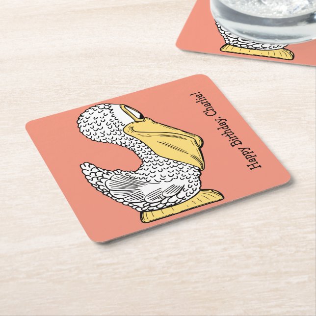 Pelican illustration custom text paper coasters (Angled)