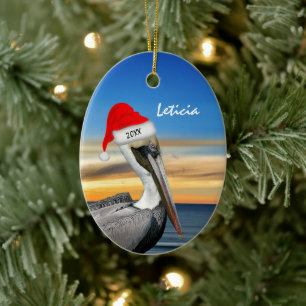 Pelican in Santa Hat Christmas Ceramic Tree Decoration