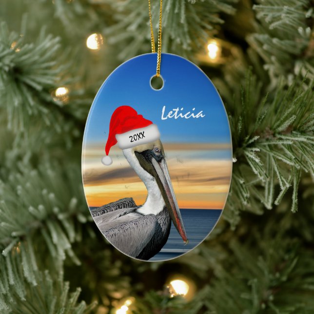 Pelican in Santa Hat Christmas Ceramic Tree Decoration (Tree)