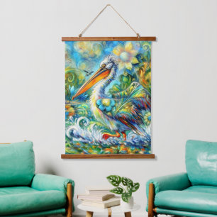 Pelican in Wonderland Floral Green Blue Yellow Hanging Tapestry