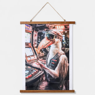 PELICAN KENO GAME ANNOUNCER. WEARING MASK HANGING TAPESTRY