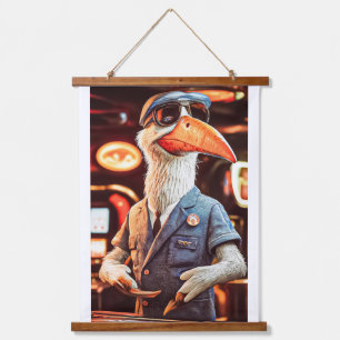 PELICAN KENO GAME ANNOUNCER. WEARING MASK HANGING TAPESTRY