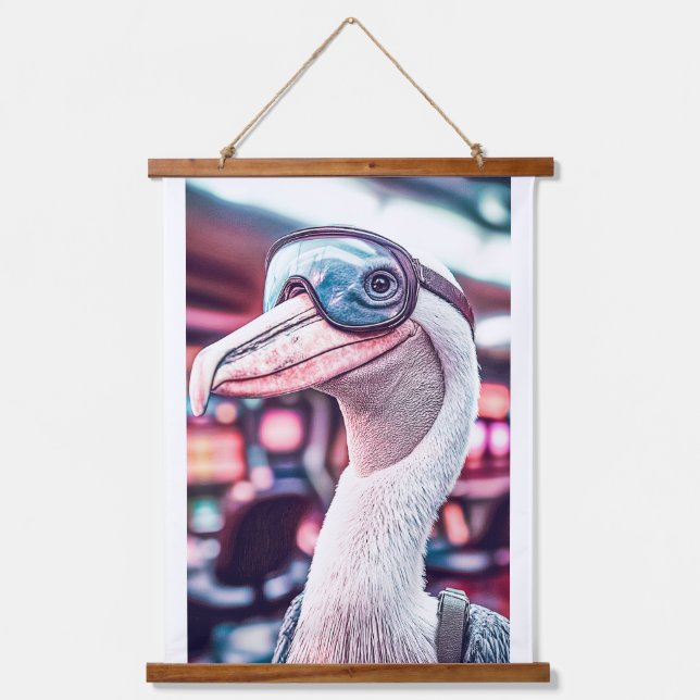 PELICAN KENO GAME ANNOUNCER. WEARING MASK HANGING TAPESTRY (Front)